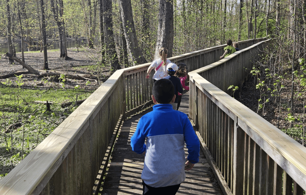 kids running on a wooden bridge